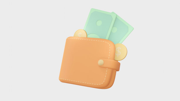 Portmone硬币在卡通风格的钱包。钱包与现金钱3d插图在白色背景隔离。三维渲染图片下载