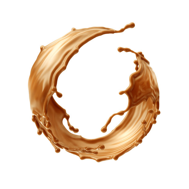 3d渲染，圆形液体焦糖飞溅，太妃糖或牛轧糖烹饪成分，飞溅枫糖浆。剪贴画孤立在白色背景。图片下载