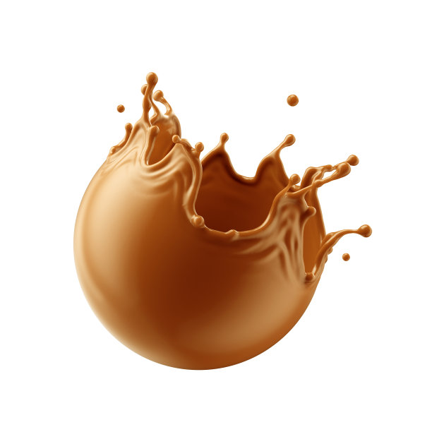 3d渲染，球形液体焦糖飞溅，太妃糖或牛轧糖烹饪成分，飞溅枫糖浆。剪贴画孤立在白色背景。图片下载