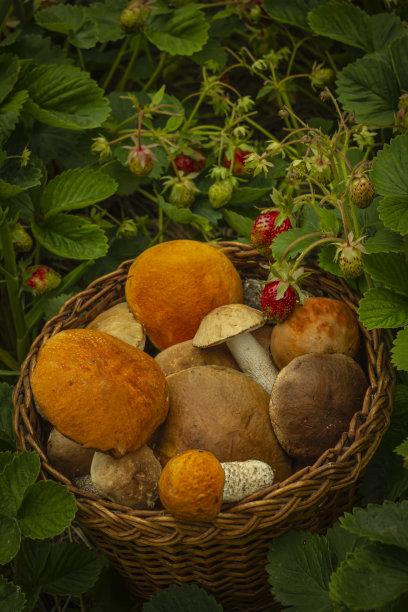 草莓草地上的蘑菇篮子图片下载