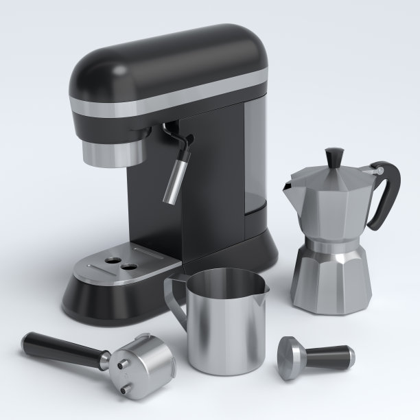 浓缩咖啡机与喇叭和间歇泉咖啡机在白色背景。图片下载