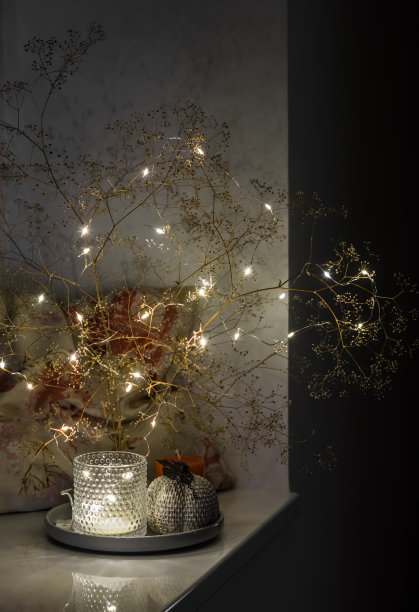 舒适的夜晚——一个花环，窗台上的一个枕头，秋天的装饰组成图片下载