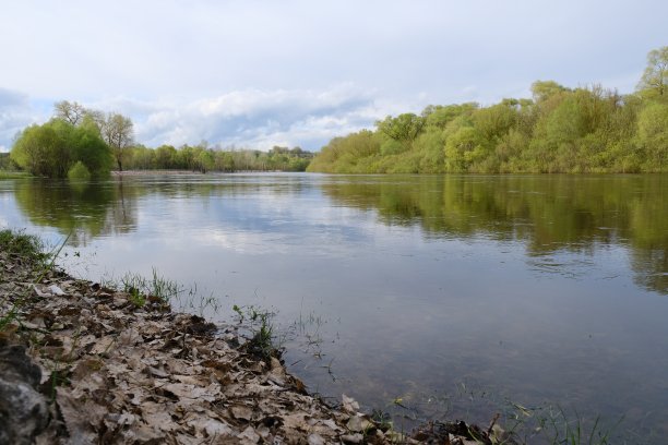 多云天空下的夏日风景照片。美丽的春天绿色景观，流水和蓬松的云。美丽的大自然在春天。没有人。图片下载