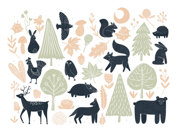 收藏森林动物，树木和植物在lincut风格图片下载