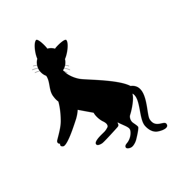 孤立的黑色剪影站在白底猫。平面卡通猫的姿势。图片下载
