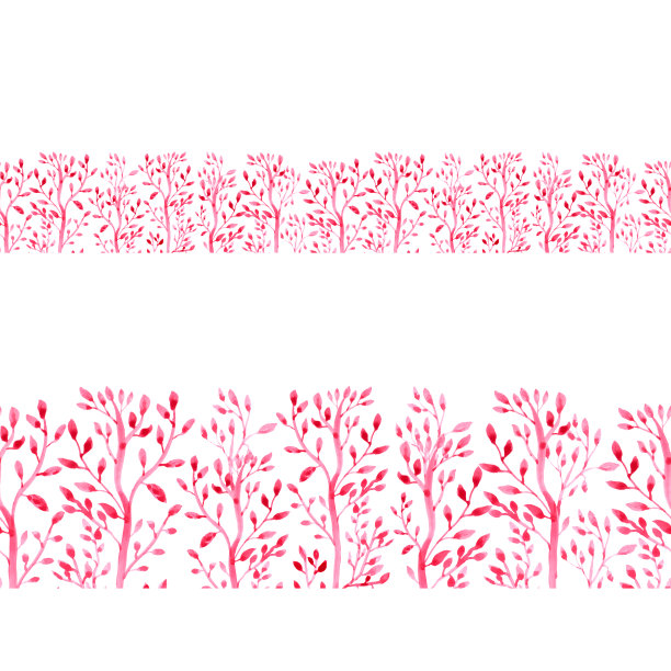 粉红色的树长在无尽的边界上。情人节的无缝背景隔离在白色背景上。手绘水彩分支。花卉装饰。可爱的情人节装饰。图片下载