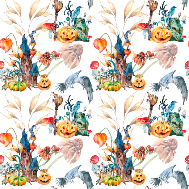 彩色万圣节精灵屋水彩无缝图案孤立在白色上。图片下载