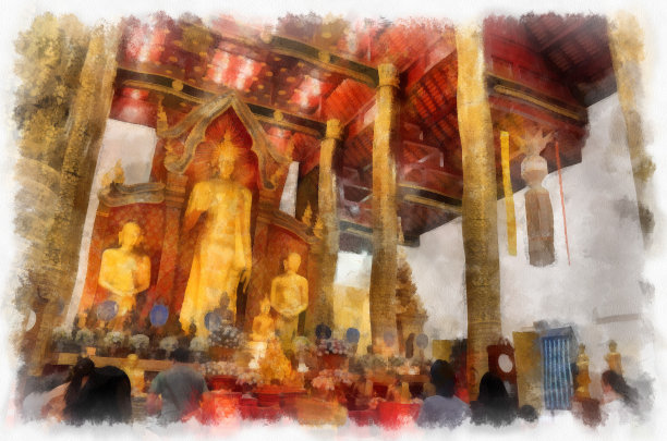 泰国清迈北部古建筑景观水彩风格插画印象派画作。图片下载