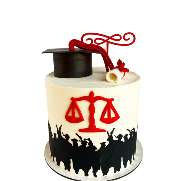 有公正天平、毕业证书和毕业帽的毕业蛋糕。图片下载