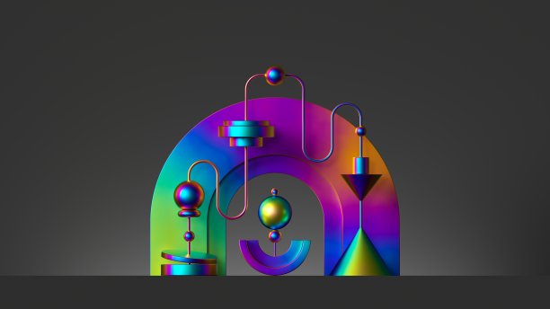 3d渲染，抽象的现代最小背景与彩虹金属几何形状。时尚的彩色的壁纸图片下载