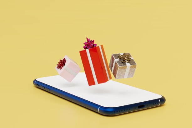 网上买礼物。智能手机和五颜六色的礼品盒飞了出来。三维渲染图片下载