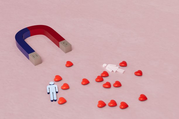 恋人的吸引力就像磁铁。磁铁，吸引着男人和女人的形象和心灵。三维渲染图片下载