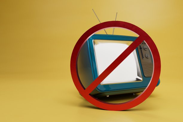 黄色背景上的图标，表示禁止电视宣传。三维渲染图片下载