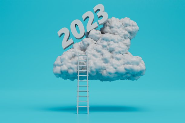 过渡到2023年的概念。楼梯上的小径穿过云层到达2023年。三维渲染图片下载