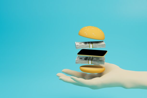一个欧洲人手里拿着一个汉堡包，里面装着钱和一部智能手机。三维渲染图片下载