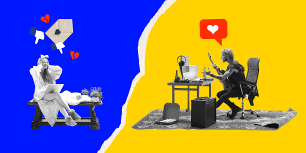 当代艺术拼贴。年轻男女带着情感在网上阅读新闻。社会信息。图片下载