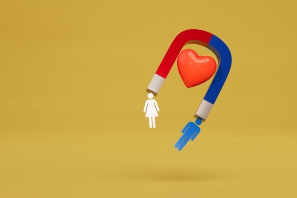 恋人的吸引力就像磁铁。一块有一颗心的磁铁，可以吸引一个男人和一个女人的形象。三维渲染图片下载