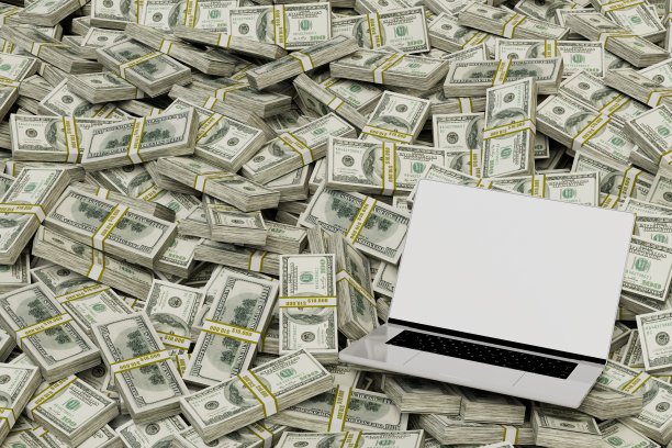 从笔记本电脑上赚钱。笔记本电脑背景上的纸币图案。三维渲染图片下载