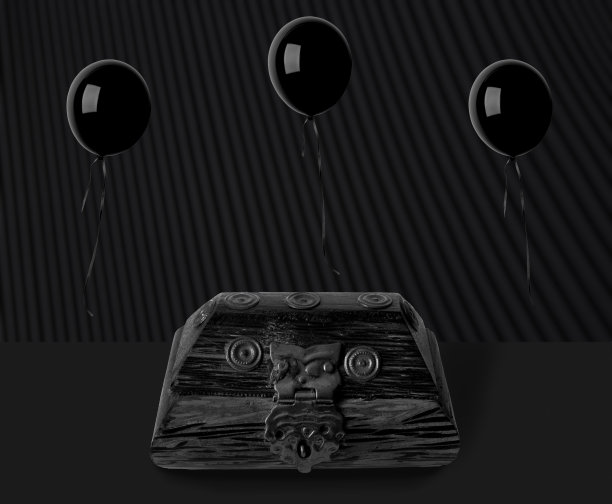 古老的宝箱和漂浮在半空中的黑色气球图片下载