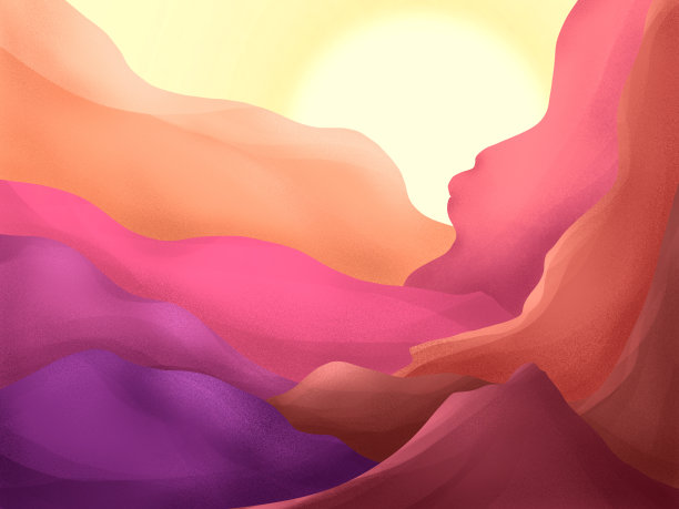 风格化的山景与傍晚的阳光，画在粉红色和棕色调图片下载