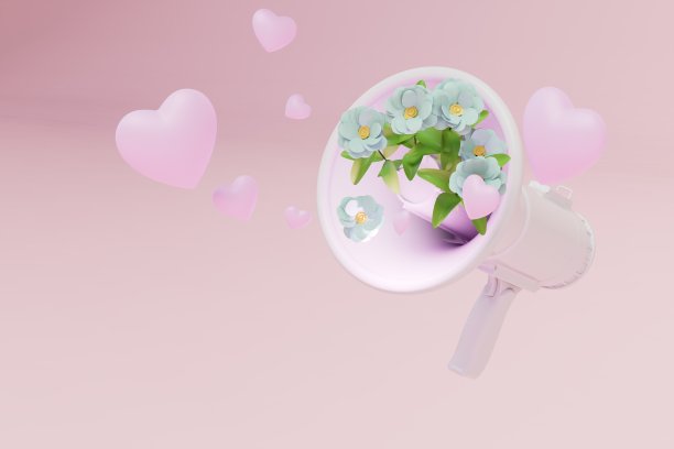 爱的创造性宣言。一种角，上面插着花，周围是一颗粉彩背景的心。三维渲染图片下载