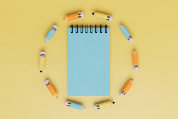 学习所需科目。彩色铅笔围绕在黄色背景的笔记本上。三维渲染图片下载