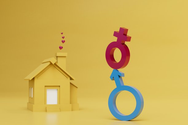 共享住房的概念。房子附近有一个男人和一个女人的标志。三维渲染图片下载