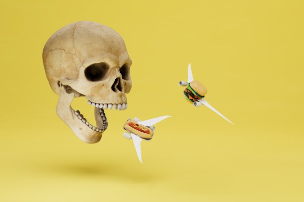 死于快餐。一个人的头骨，里面有一个热狗和一个汉堡包在飞机的机翼上飞行。三维渲染图片下载