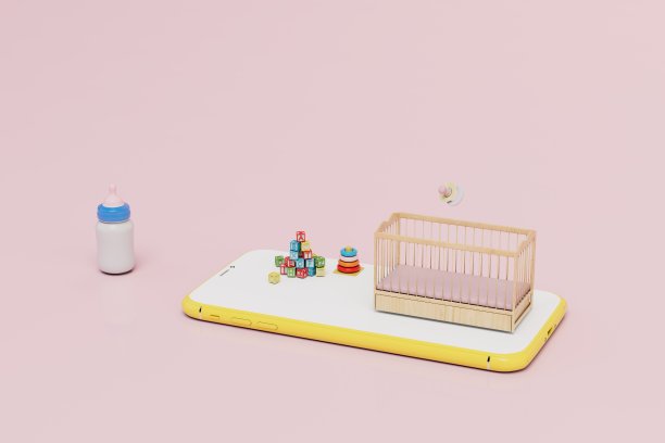 在网上购买儿童用品的概念。智能手机，婴儿床，奶瓶，奶嘴，玩具。三维渲染图片下载