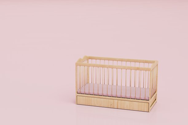 儿童房的陈设。粉色粉彩背景的木质小床。复制粘贴，复制空格。三维渲染图片下载