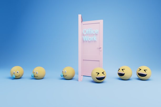 工作日的概念。哭泣和欢笑的表情符号在门口与题字办公室。三维渲染图片下载