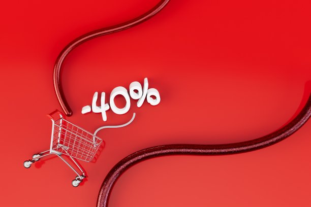 出售商品四折优惠。购物车的产品在一个红色的背景。复制粘贴。三维渲染图片下载