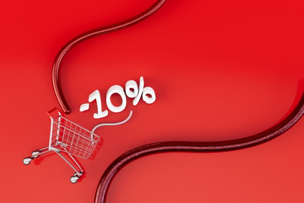 九折出售商品。购物车的产品在一个红色的背景。复制粘贴。三维渲染图片下载