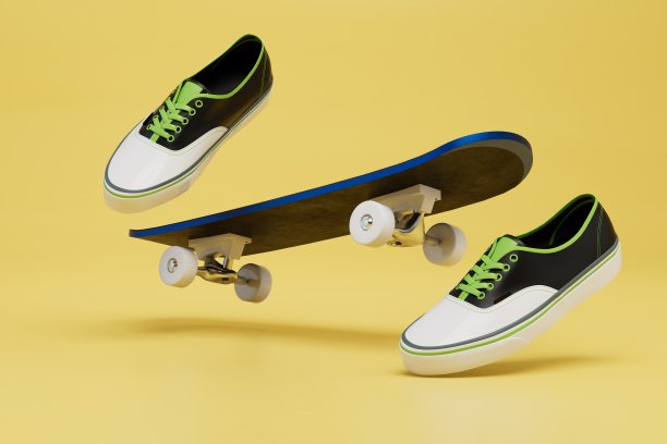 积极的运动。黄色背景下，运动鞋从滑板上飞了下来。三维渲染图片下载