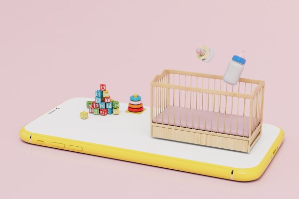 在网上购买儿童用品的概念。智能手机，婴儿床，奶瓶，奶嘴，玩具。三维渲染图片下载
