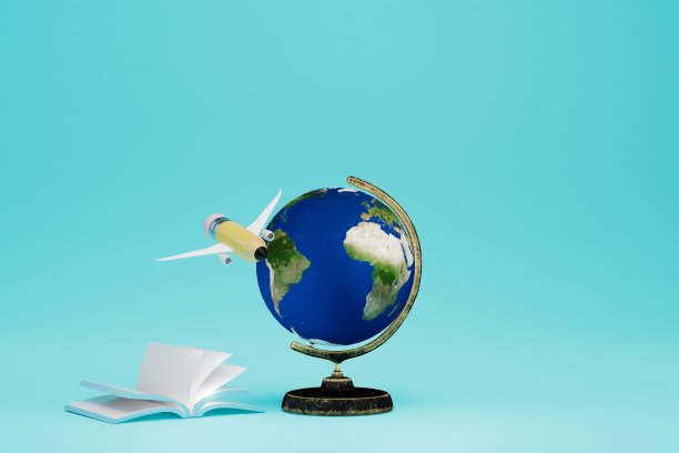 探索世界的理念。一个地球仪，一本书和一支铅笔在飞机的机翼上飞行。三维渲染图片下载