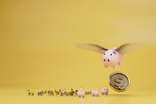 把钱放在家里。有翅膀的存钱罐，一美元可以从里面掉下来，旁边是存钱罐和一美元硬币。三维渲染图片下载