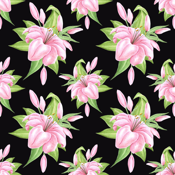 手绘百合花无缝图案。黑色背景上的水彩粉色百合。剪贴簿设计，排版海报，标签，横幅，纺织品。图片下载