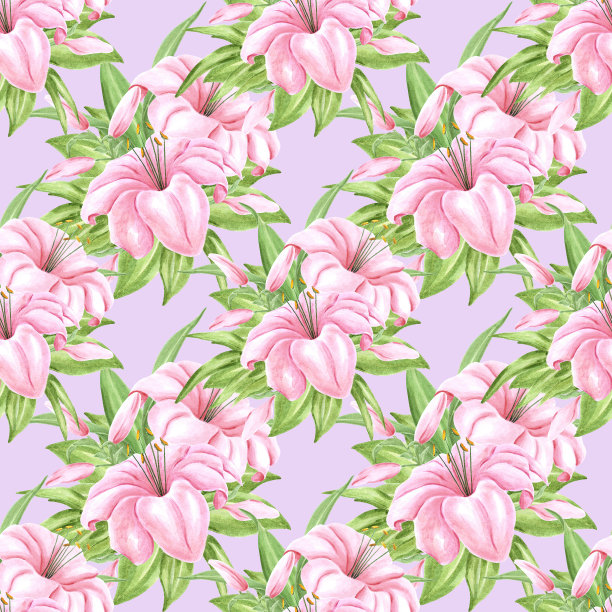 手绘百合花无缝图案。水彩粉色百合在紫色的背景。剪贴簿设计，排版海报，标签，横幅，纺织品。图片下载