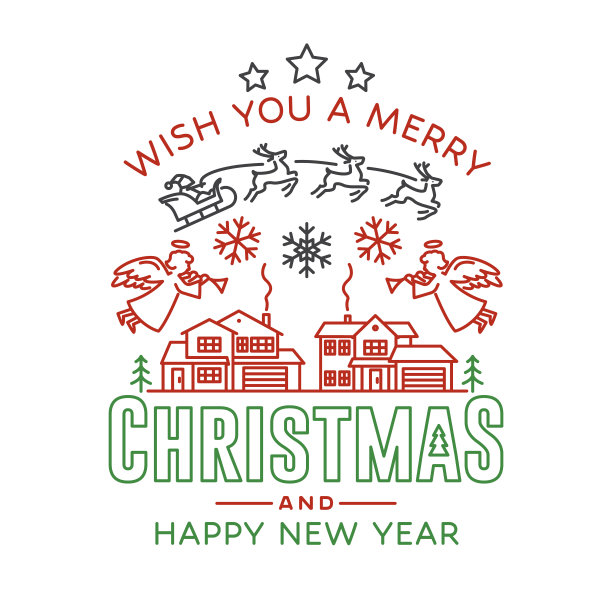 圣诞快乐和新年快乐的邮票，贴纸套装，天使，圣诞老人和鹿的雪橇和圣诞礼物。向量。圣诞线艺术设计，新年标志复古风格。图片下载