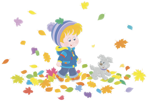 小男孩带着小狗走在落叶上图片下载