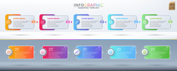 信息图业务矢量设计彩色横幅模板。圆圈图标5个选项的最小风格。您可以用于营销流程、工作流演示文稿布局、流程图、印刷广告。图片下载