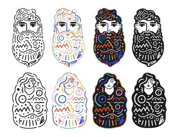 抽象印刷设计集胡子男人和长发女人头像涂鸦元素。图片下载