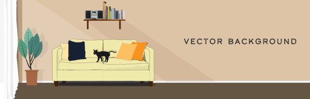 平静的棕色墙壁房间景观背景矢量插图横幅。复制空间，猫，书架图片下载