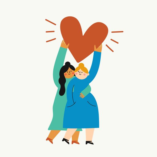 矢量插画与拥抱不同肤色的女性抱着大红心。图片下载