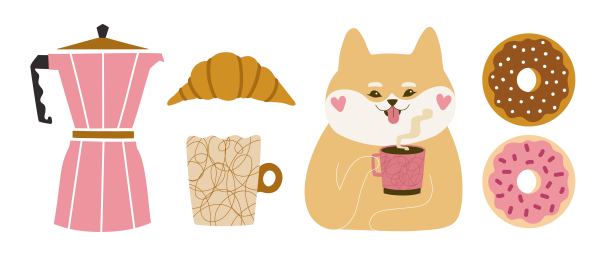 矢量插图与间歇泉咖啡机，咖啡杯涂鸦打印，甜甜圈，羊角面包，柴犬喝茶，咖啡或热巧克力从粉红色的马克杯。图片下载