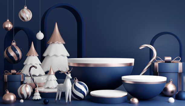 3D渲染圆柱讲台在圣诞圣诞老人和圣诞树，礼品盒，彩带，产品，香水，促销销售，演示，化妆品的背景色。图片下载