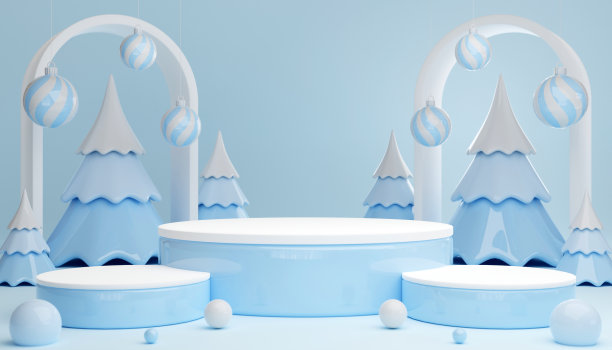 3D渲染圆柱讲台在圣诞圣诞老人和圣诞树，礼品盒，彩带，产品，香水，促销销售，演示，化妆品的背景色。图片下载