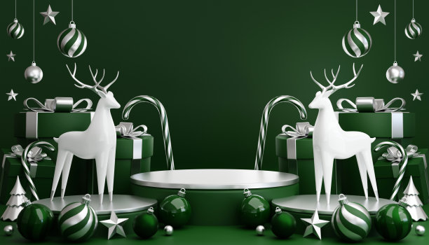 3D渲染圆柱讲台在圣诞圣诞老人和圣诞树，礼品盒，彩带，产品，香水，促销销售，演示，化妆品的背景色。图片下载