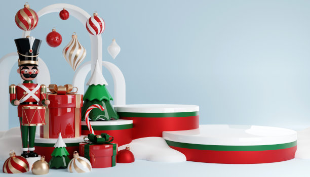 3D渲染圆柱讲台在圣诞圣诞老人和圣诞树，礼品盒，彩带，产品，香水，促销销售，演示，化妆品的背景色。图片下载